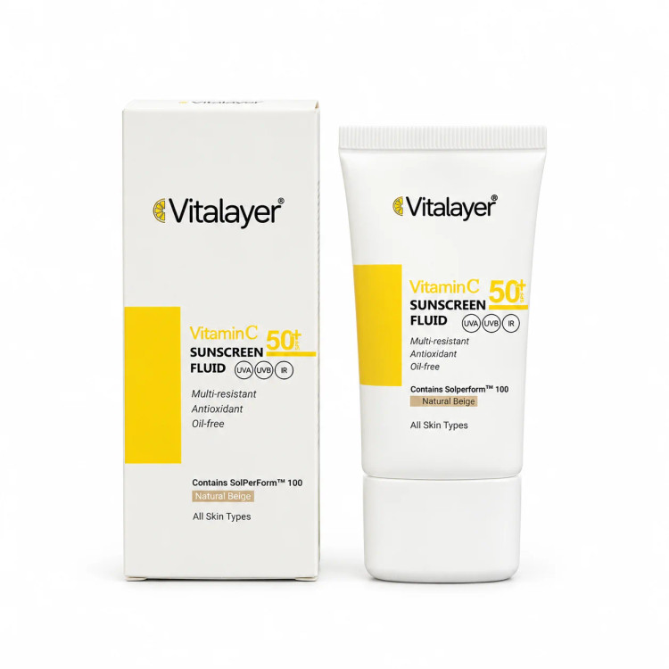 فلوئید ضد آفتاب رنگی بژ طبیعی ویتامین C ویتالیر SPF 50+